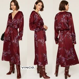 VINCE Forsythia Dress S Long Sleeve Shaped Collar Tie Front Floral Satin Midi